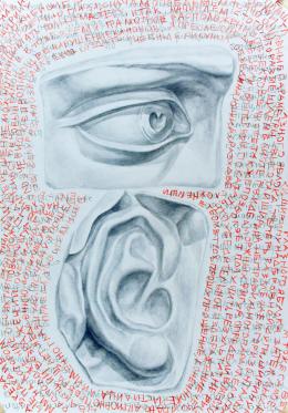 Plotkin Dmitry. EAR AND EYES - series "STUDY ON THE BACKGROUND OF THE FLOW OF CONSCIOUSNESS" ( 29x43 см / бумага / карандаш / 2017 г. )