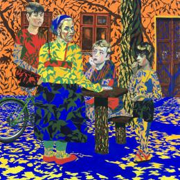 Plotkin Dmitry. JEWISH WOMAN, SCALING THE FISH - series "GOLDEN CHILDHOOD" ( 100x100 см / холст / темпера / 2018 г. )
