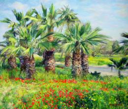 Bukhin Maya. Spring, palms and red-orange anemones.  ( 70x60 см / холст / масло / 2016 г. )