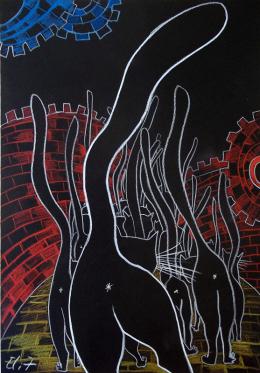 Nesis Elisheva . Nocturnes. EXODUS OF THE CATS FROM RUSSIA / Исход котов из России  ( 23x33 см / бумага / карандаш / 2015 г. )
